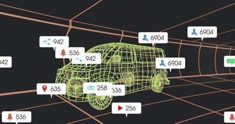 Rotating neon wireframe hatchback displaying floating telemetry and notification badges