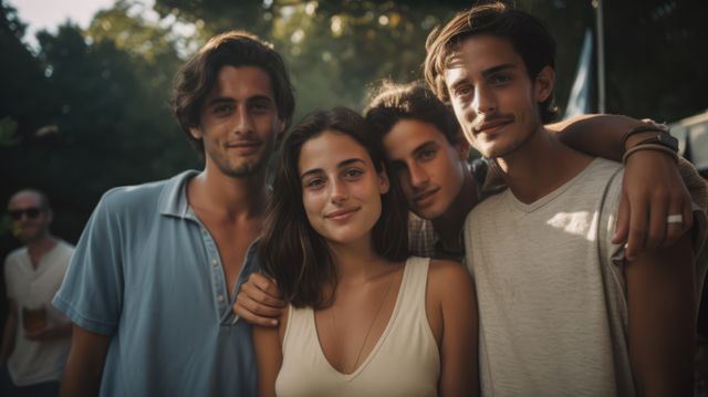 This image depicts four smiling young adults standing close together outdoors, bathed in sunlight. They wear casual summer clothing and give off a carefree, happy vibe, surrounded by greenery and trees. Perfect for content related to friendship, lifestyle, social gatherings, outdoor activities, youth, and advertisements promoting leisure and relaxation.