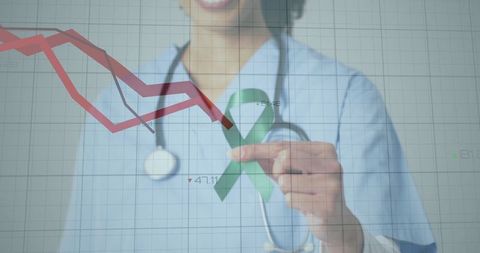 Healthcare Professional Holding Green Awareness Ribbon with Financial Chart