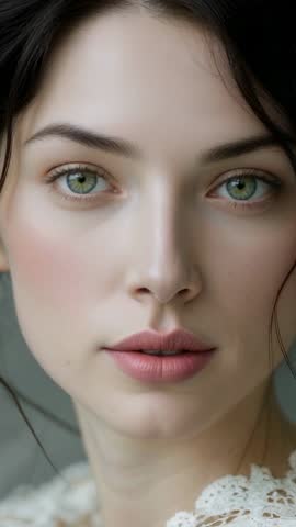 Vertical Beauty Portrait: Model Blinking and Tilting Head Wearing Lace Garment in Studio