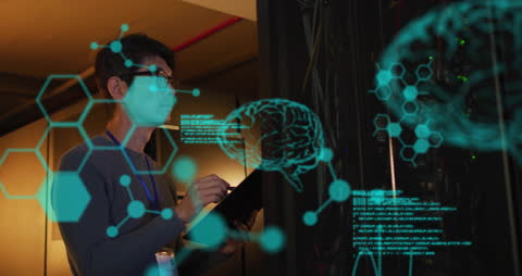 Businessman Analyzing Data in Server Room with Virtual Brain Visualization