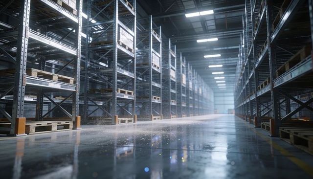 Empty warehouse aisle showing metal racking, wooden pallets and protective guards