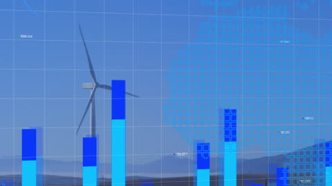 Wind Turbine and Digital Data Concept Overlaying Blue Charts