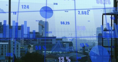Blue Data Overlay Office Window Showing Urban Skyline with Charts and Analytics Dashboard