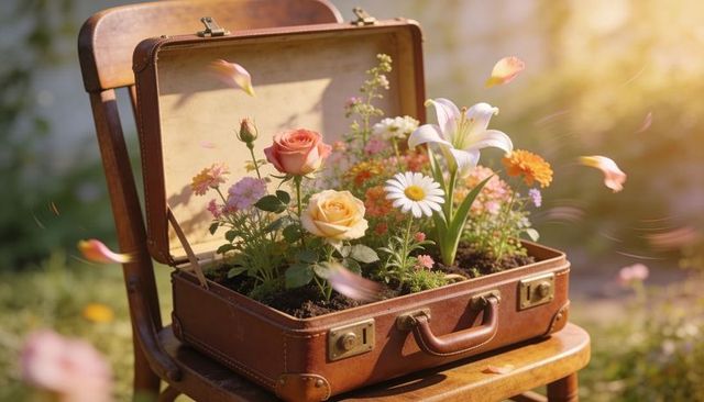 Vintage suitcase planter blooming with roses, lily and daisies in golden sunlight