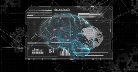 Futuristic holographic brain dashboard pulsing cyan neural pathways dotted globe analytics