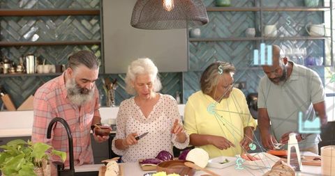 Multigenerational adults preparing vegetables with tablet and ar overlays in modern kitchen