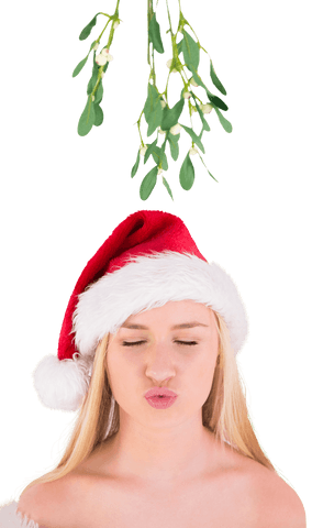 Festive blonde woman under mistletoe with transparent background