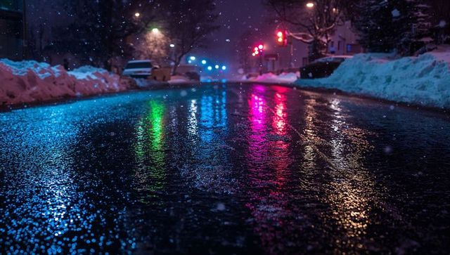 Glowing neon reflections on wet asphalt during snowy night with colorful streetlights