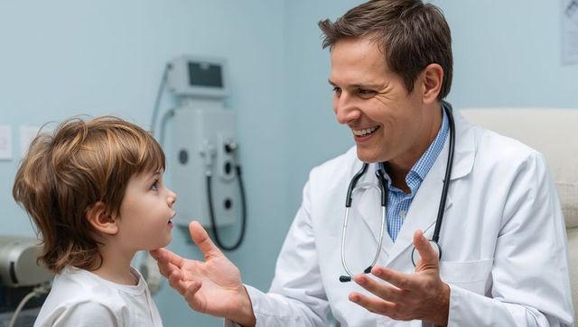 Pediatrician smiling and reassuring child during clinic examination with stethoscope