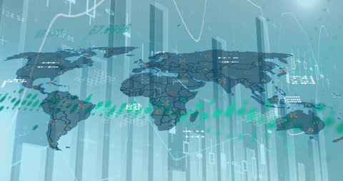 Futuristic World Map Interface Displaying Global Data Trends