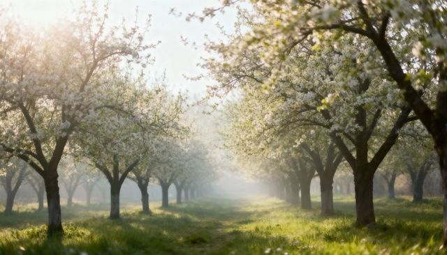 Sunrise Blossoms Lining Misty Orchard Path with Soft Golden Light and Falling Petals