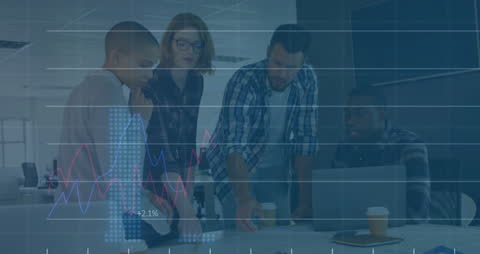 Diverse Team Analyzing Financial Data with Overlay of Graphs