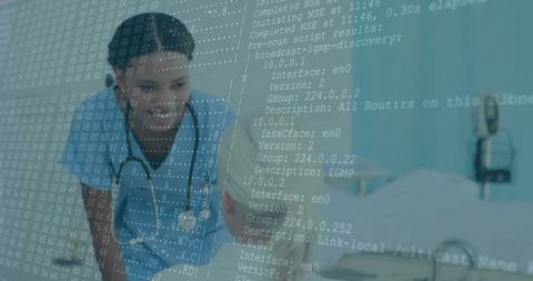 Nurse Offering Care to Patient in Hospital Room with Data Overlay