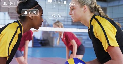 Competitive Volleyball Game in Gymnasium Highlighting Team Spirit