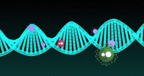 Digital dna helix with cartoon viruses in futuristic design