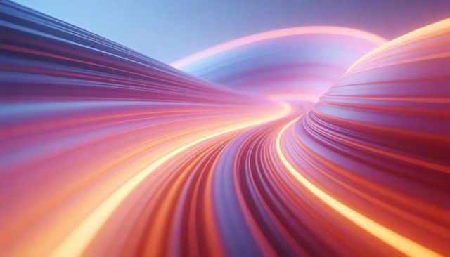 Neon ribbon tunnel creating futuristic motion and flowing light trails for tech