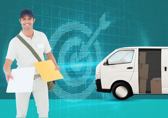 Smiling delivery man holding packages in front of a white van with boxes inside. Digital background with a target symbol. Ideal for illustrating logistics, transportation, shipping services, and delivery businesses. Suitable for marketing materials, advertisements, and websites related to courier services and postal work.