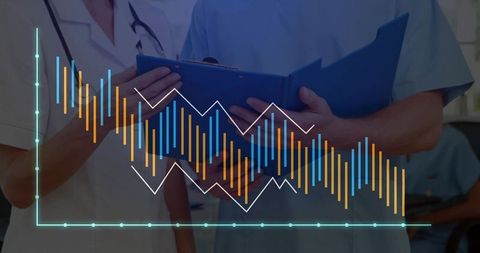 Medical Professionals Analyzing Healthcare Data with Modern Tech Overlay