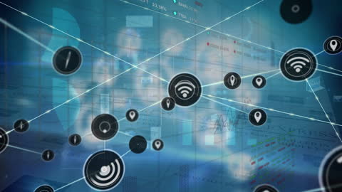 Digital Network Connections with Technological Icons Overlay