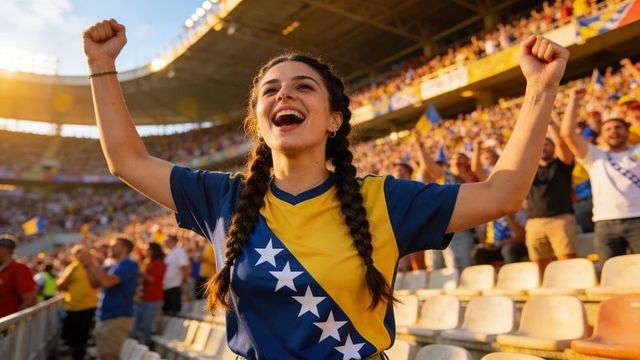 Young female bosnia fan cheering and raising fists in sunlit stadium crowd