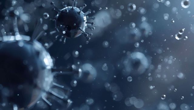 Floating virus-like particles with spike proteins in microscopic aerosol bokeh, glossy blue