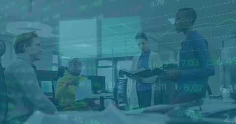 Diverse Team with Financial Data Overlay in Modern Office Environment - Download Free Stock Images Pikwizard.com