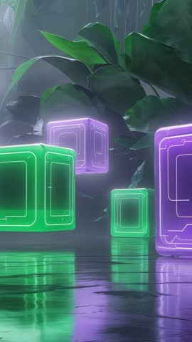 Vertical video: Pulsing neon cubes hovering over misty tiled floor among tropical leaves