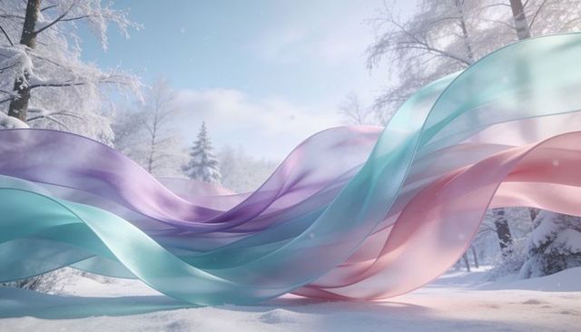 Floating pastel silk ribbons weaving over snowy winter forest with soft snow reflections