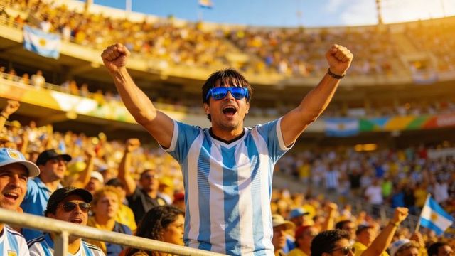 Cheering argentinian fan celebrating goal in sunlit stadium wearing blue white jersey
