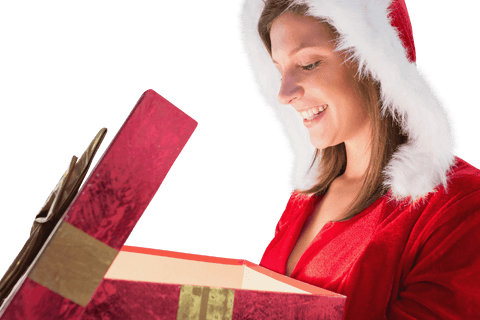 Smiling Woman in Santa Costume Opening Gift Box on Transparent Background