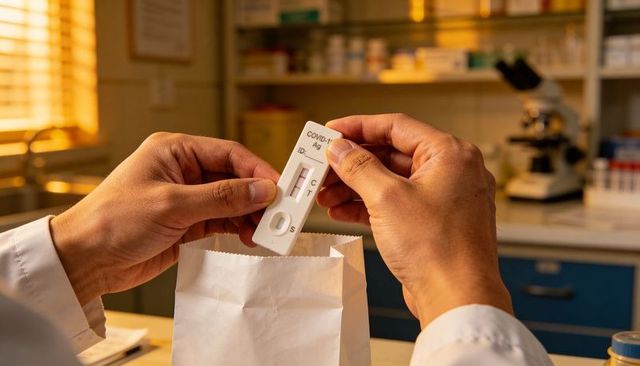 Pharmacist holding positive covid-19 rapid antigen test cassette over specimen bag in pharmacy