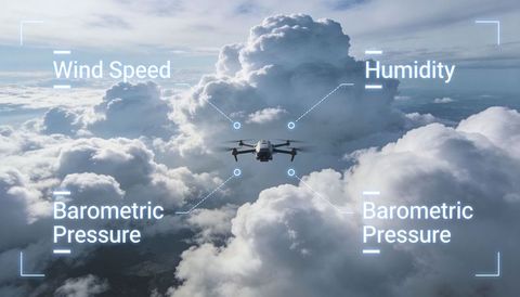 Autonomous drone soaring through clouds with hud telemetry displaying weather data