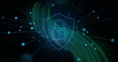 Glowing shield lock protecting digital network with flowing green ribbons and nodes