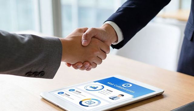Business partners shaking hands over tablet dashboard sealing corporate deal