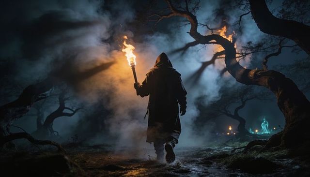 Mysterious hooded wanderer walking through foggy night forest holding burning torch