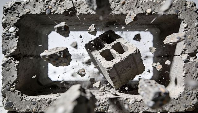 Tumbling concrete cinder block bursting into flying debris and dust, high-speed motion