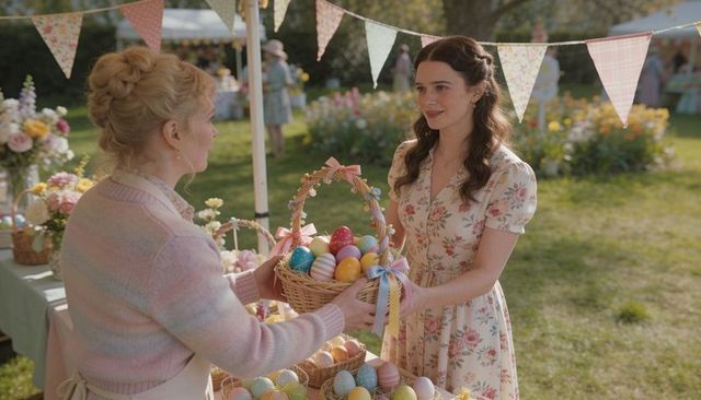 Spring easter market exchange at village fair: woman receiving pastel egg basket from vendor