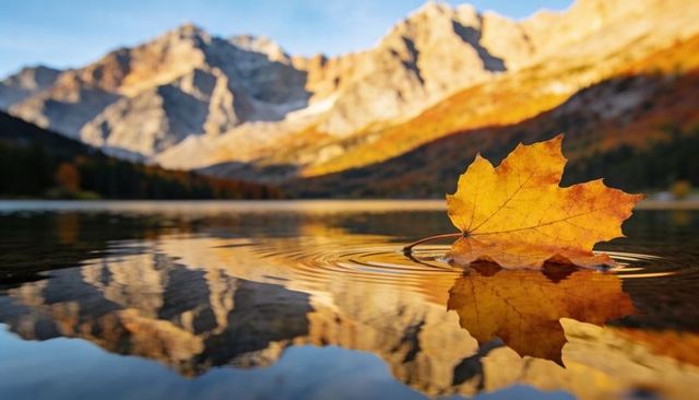 Floating golden maple leaf creating ripples and mirror reflection on alpine mountain lake