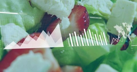 Fresh salad with feta and strawberry featuring futuristic hud data overlays and graphs