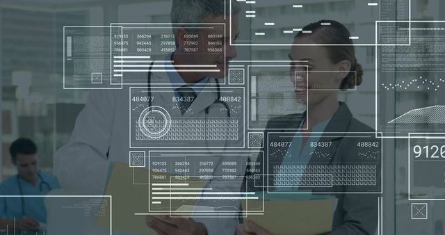Doctors and Executives Collaborating in Hospital Setting with Digital Interface Overlay