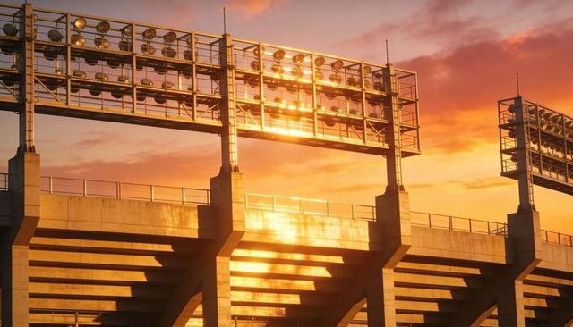 Sunlit stadium grandstand at golden hour with floodlight gantries and concrete bleachers