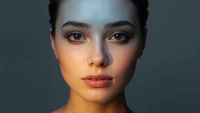 Studio beauty portrait young woman two-tone lighting natural makeup flawless skin