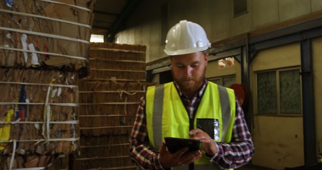 Middle-aged warehouse worker is checking inventory with a tablet. He is wearing a hard hat and high-visibility safety vest, indicative of adherence to safety protocols in the workplace. Bales of items are stacked in the background, possibly indicating a large inventory. Image can be used for promoting warehouse efficiency, safety standards, inventory management systems, and logistics services.