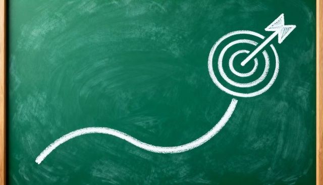 Curving chalk path leading to bullseye target on green chalkboard