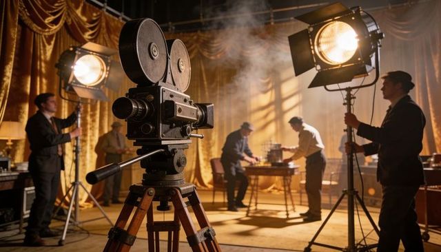 Vintage film camera on wooden tripod with period crew adjusting spotlights, cinematic mood