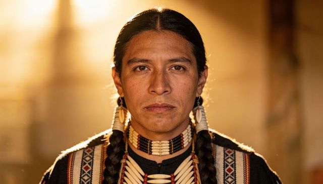 Native american man wearing beaded choker and woven ceremonial regalia, solemn portrait