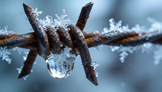 Rusty barbed wire knot with melting water droplet and snowflake crystals macro winter
