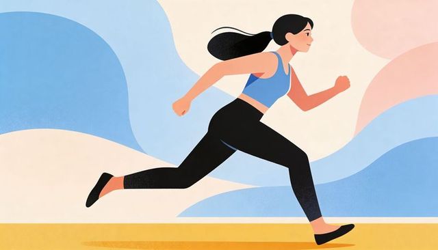 Energetic woman sprinting on golden path in pastel minimalist flat graphic illustration