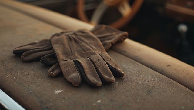 Resting brown leather driving gloves on dusty classic car hood with patina and chrome trim
